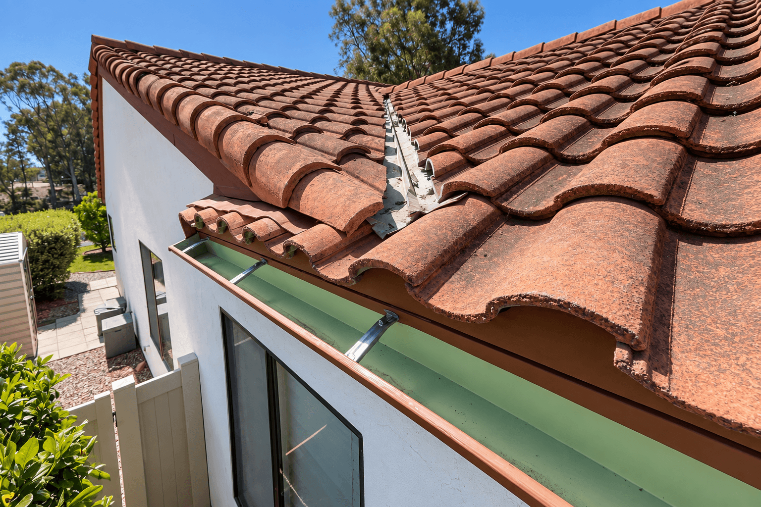 Enhanced view of a gutter beneath a tile roof, based on an AWC project photo